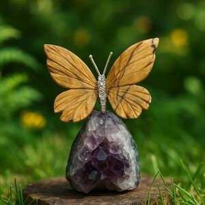 RockHound102: Vtg Picture Jasper Butterfly Amethyst Cluster-HandCarved Sculpture